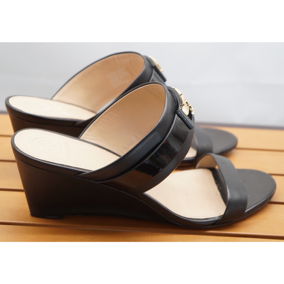 Tory Burch Women’s Black Leather Slide Wedges SZ 9 - Picture 7 of 16